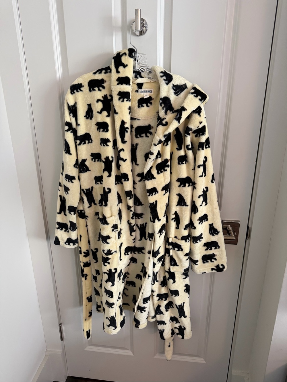 Little Blue House Adults Cream and Black Bear Print Hooded Robe